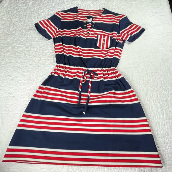 🔥Vintage 60s Jeune Leique Striped Red Blue Mini Dress - Picture 9 of 14